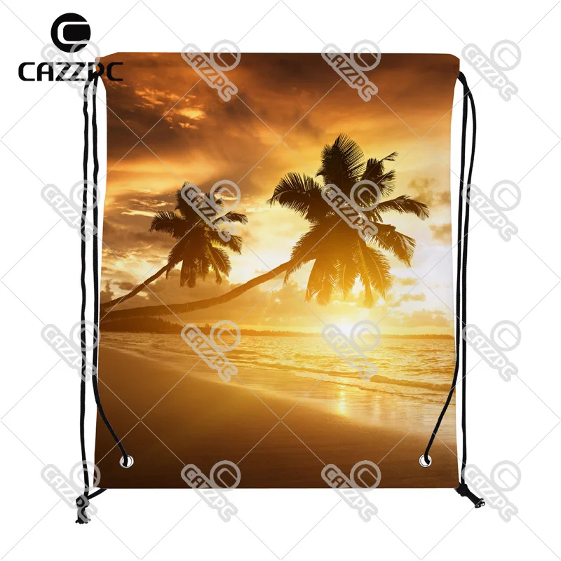 

Summer Style Sunset on The Beach of Caribbean Sea Print Custom individual Nylon fabric Drawstring Backpack Gift Bag Pack of 4