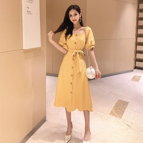 

2019 Summer Korean Lantern Sleeve Black Vintage Dress Holiday Clothes High Waist Woman Cloth Single Breasted Midi Dresses