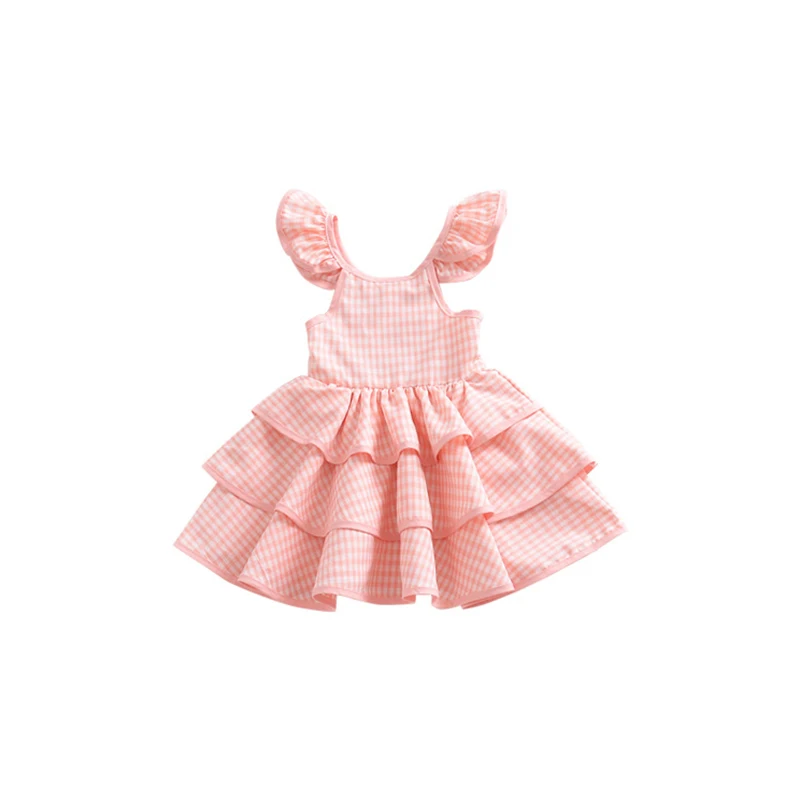 KISBINI Новинка года для маленьких девочек многослойное платье для лета милые мода плед без рукавов с открытой спиной детская Розовое платье одежда Вечерние подарок