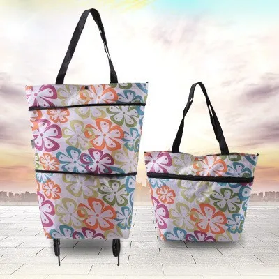 Folding Shopping Bag Women's Portable Buy Vegetables Trolley Bags On Wheels The Market Big Pull Cart Shopping Bags For Organizer - Цвет: Small floral