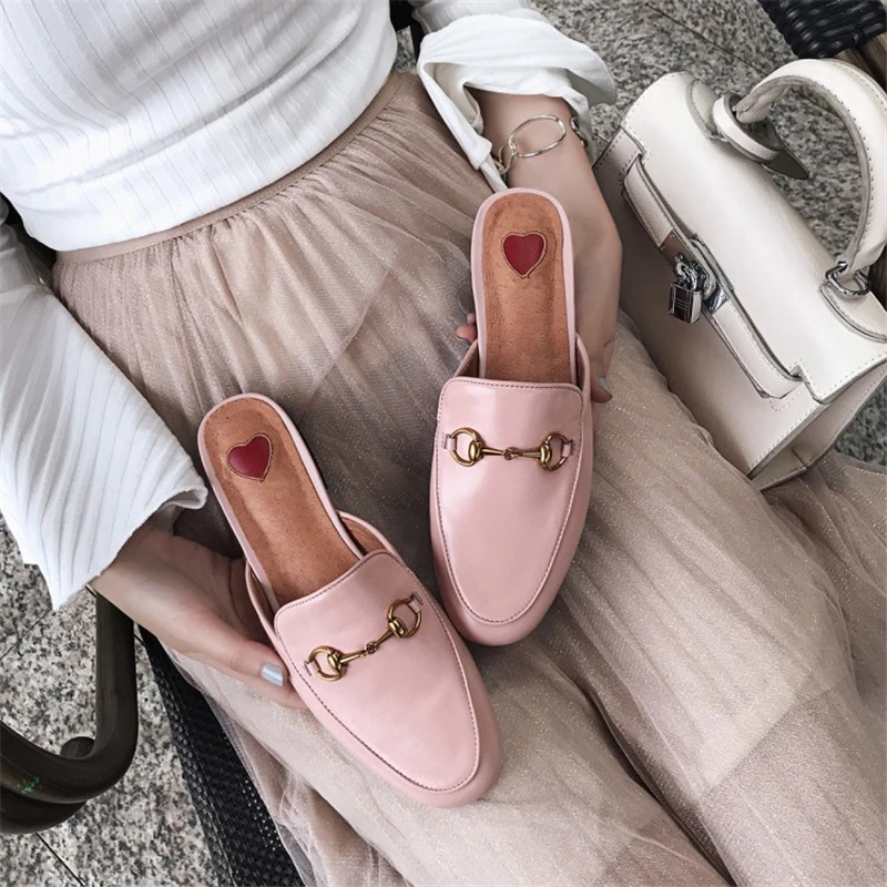 

meifeini round head low heel women's slippers metal buckle leather shoes 2019 summer new lazy Loafers Muller shoes