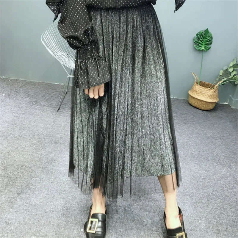 Корейская новая весенняя сказочная Золотая и серебряная длинная сетчатая юбка в складку винтажная Нижняя юбка длинные сетчатые газовые юбки
