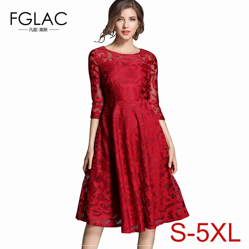 

FGLAC S 5XL Women dress New Arrivals 2018 Spring lace dress Fashion Casual hollow out vintage dress Plus size women clothing