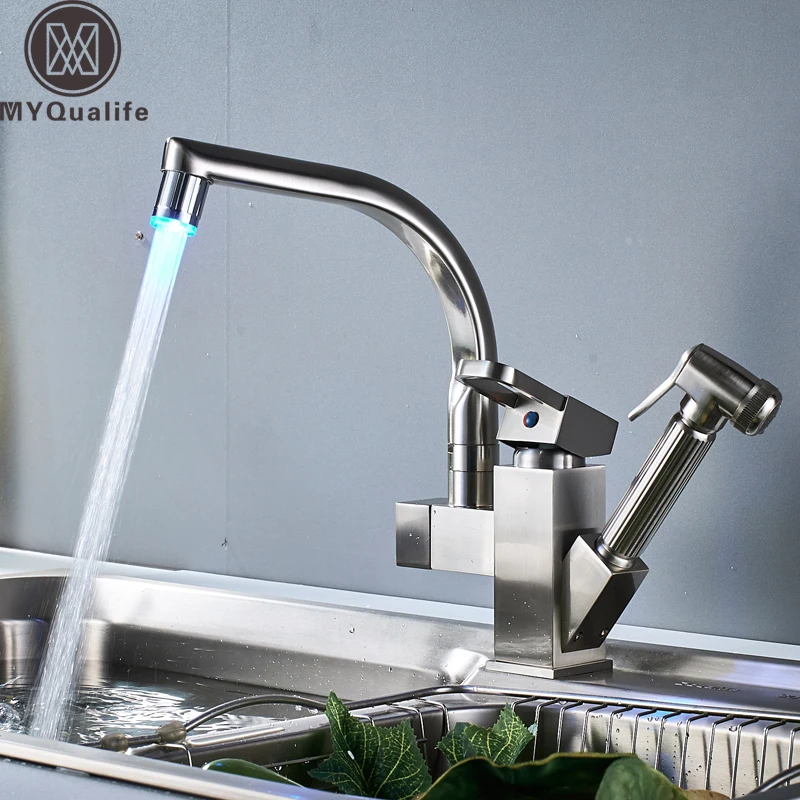 

Brushed Nickel Kitchen Sink Faucet LED Light Swivel Spout Deck Mounted Pull Out Shower Sprayer Head Bathroom Kitchen Mixer Tap