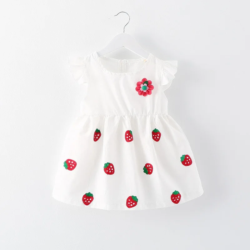 Модная одежда для маленьких девочек; платье принцессы белого цвета с клубничным цветком для новорожденных; летняя одежда