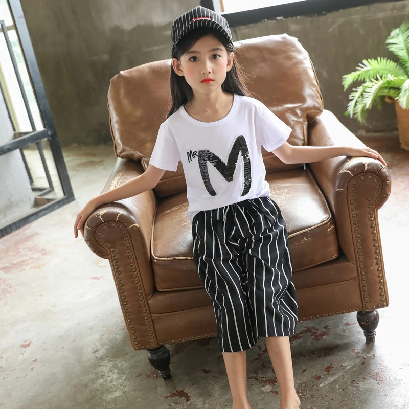 子供のスーツ夏十代の女の子シフォンブラウスとスパンコール Tシャツ ファッション広い脚パンツキッズビーチ服セット Clothing Sets Aliexpress