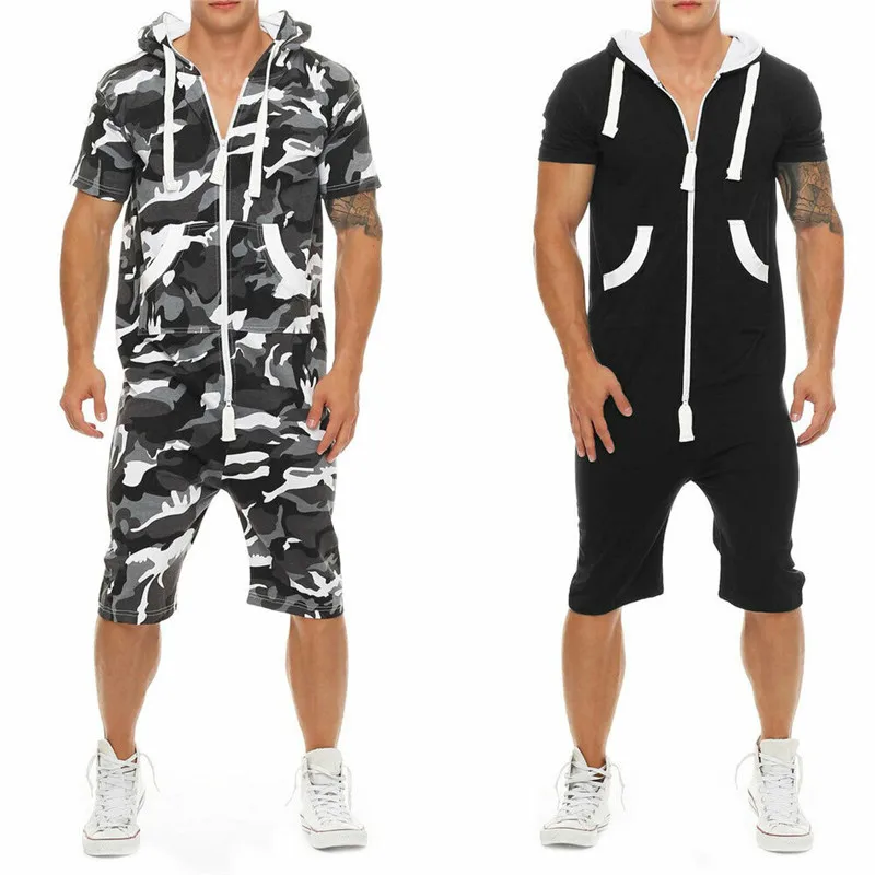 HIRIGIN Stylish Men Short Sleeve Romper Casual Jumpsuit Hooded One Piece Playsuits Wear Sets