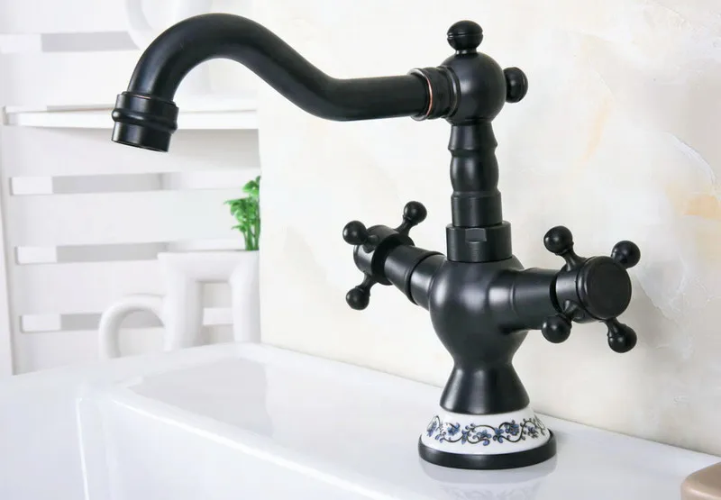 

Oil Rubbed Bronze Dual Cross Handles Ceramic Base Bathroom Kitchen Basin Sink Faucet Mixer Tap Swivel Spout Deck Mounted mnf645