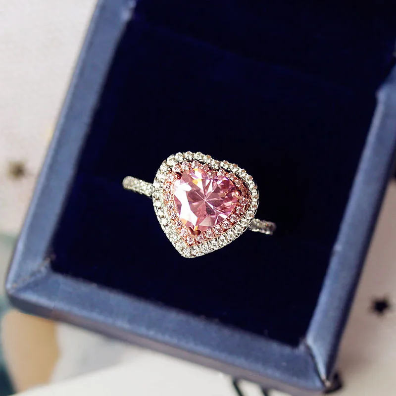 

Fashion Retro Double-layer color separation royal Pink Rings for Women Heart shape Cubic Zirconia Ring Female Jewelry Gifts