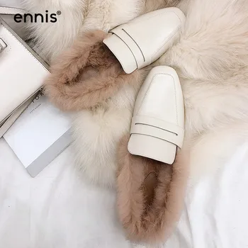 

ENNIS 2019 Real Fur Women Mules Fur Slippers Genuine Leather Loafer Mule Shoes Winter Outdoor Slippers Fashion Beige Black M8149