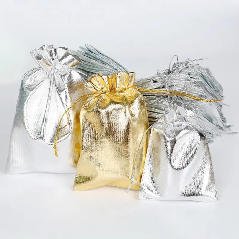 

10pcs Drawstring Bags Wedding Gift Bag Boxes Soft Jewellery Pouches Small Gift Bag For Wedding Favors Gold Silver Color A25