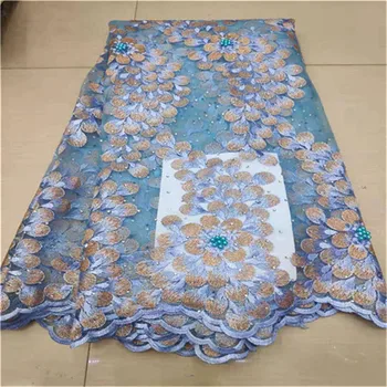 

African Lace Fabric 2019 High Quality Lace Glitter beads stones Net Lace Tulle Mesh Fabrics Latest Purple Color Fabrics Laces