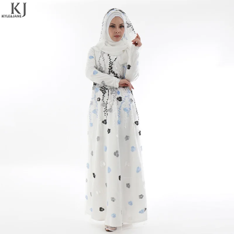 2019 White New Embroidery Ramadan Islamic Abaya Muslim Dress for Women Beading...