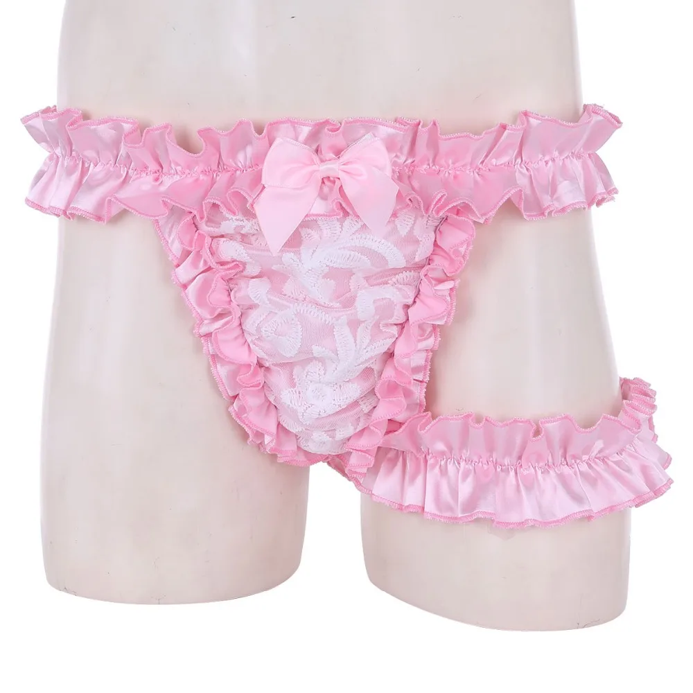 iiniim Mens Shiny Satin Frilly Flutter Lace Bowknot Bloomers Sissy Lingerie Underpants