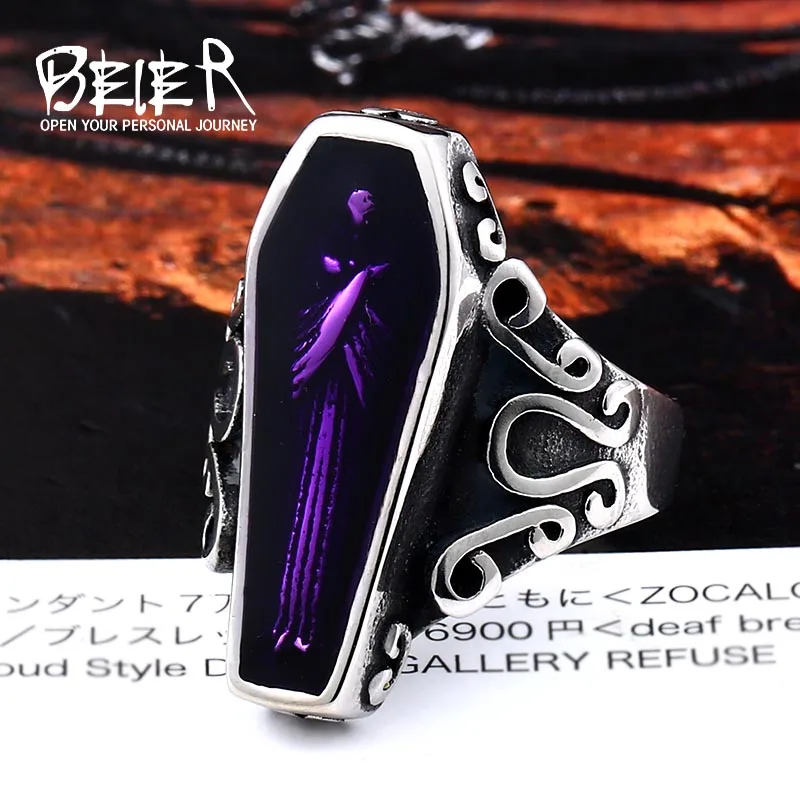 BEIER Undertaker Skull Gothic Antique Vampire Ring Stainless Steel With Purple colour Movie Punk Rock Jewelry For Man BR8-501