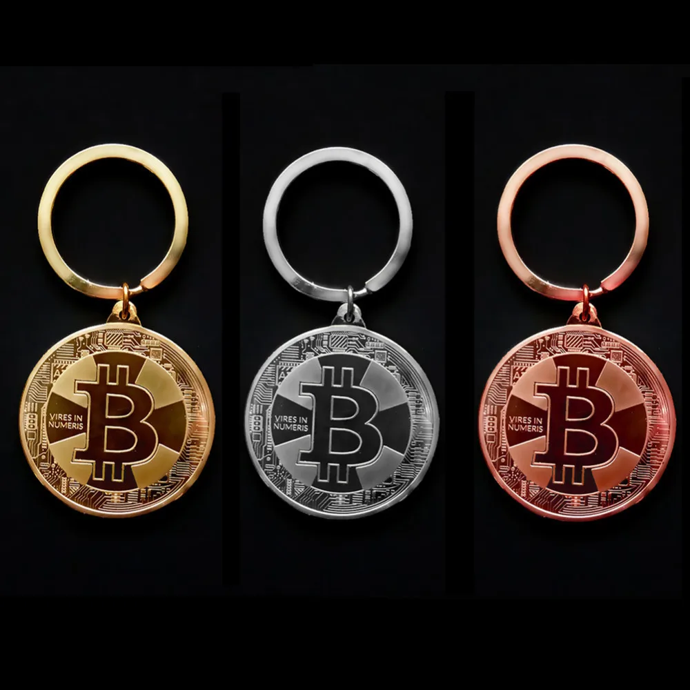 Gold Plated Bitcoin Coin Key Chain BTC Coin Art Collection Gold Silver Rose Gold Color Bit Coin Design Key Ring Nice Gift