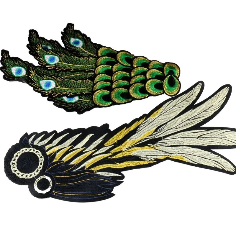 

Diy Green Peacock Wings Applique Big Patches Feathers Embroidery Fabric Sew on Patches Brordados Pararopa Decoration Accessories