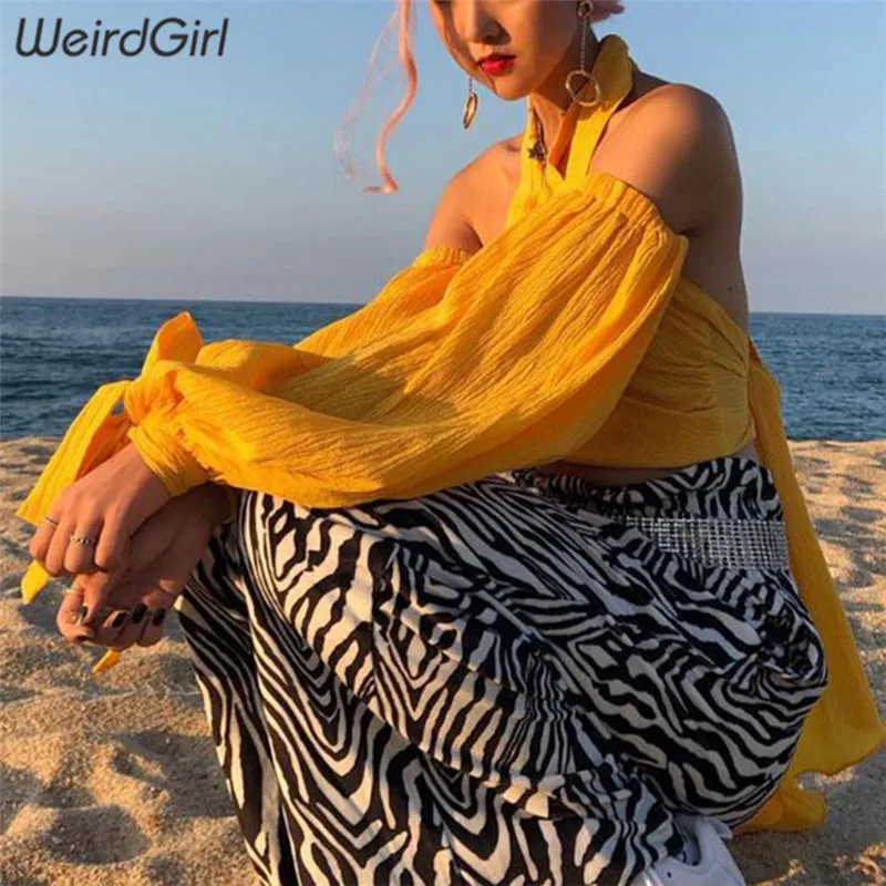 

Weirdgirl women fashion t-shirts long sleeve halter solid yellow loose belt backless sexy off shoulder new Harajuku femme tops