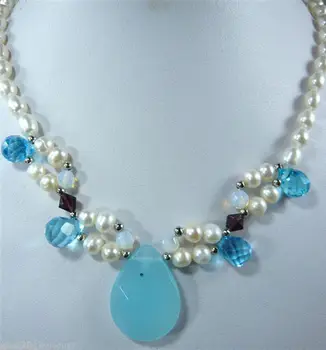 

rare red zircon and opal drops pendant blue jades & white FW pearl necklace 18"
