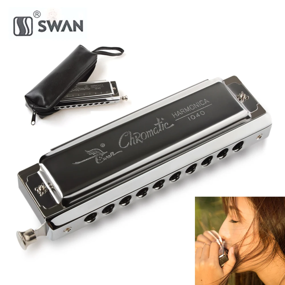 Swan Professional Chromatic Harp Harmonica Silver 10 Holes 40 Tone Key