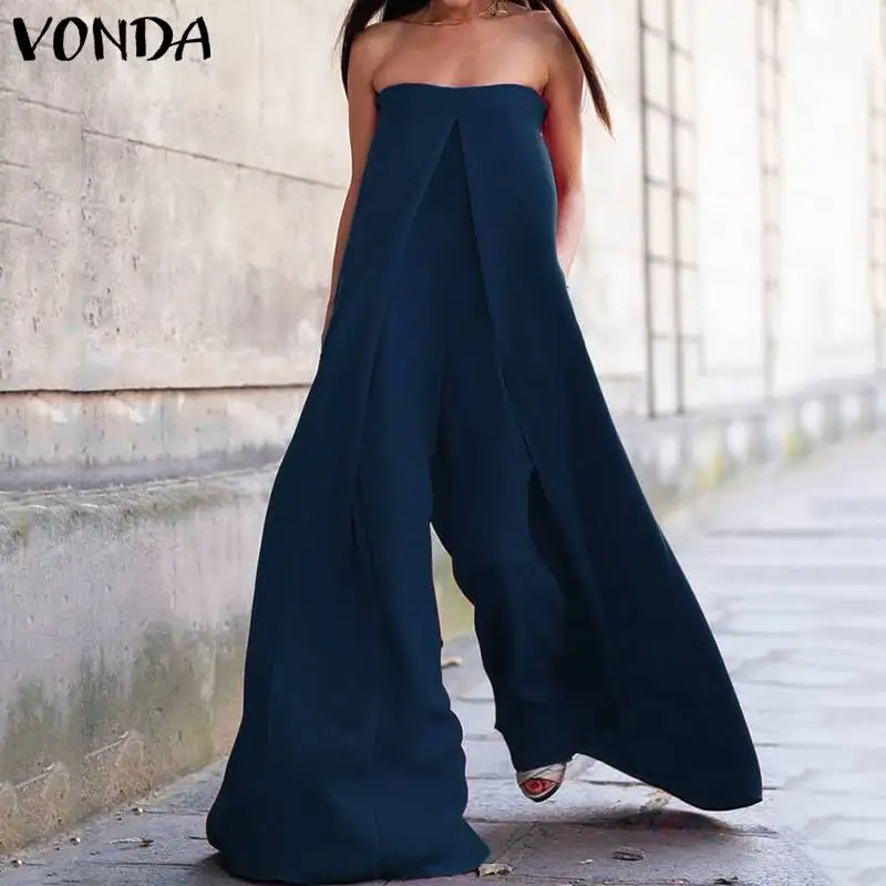 

VONDA Plus Size Rompers Womens Jumpsuit 2019 Summer Sexy Off The Shoulder Party Playsuit Casual Wide Leg Pants Loose Overalls