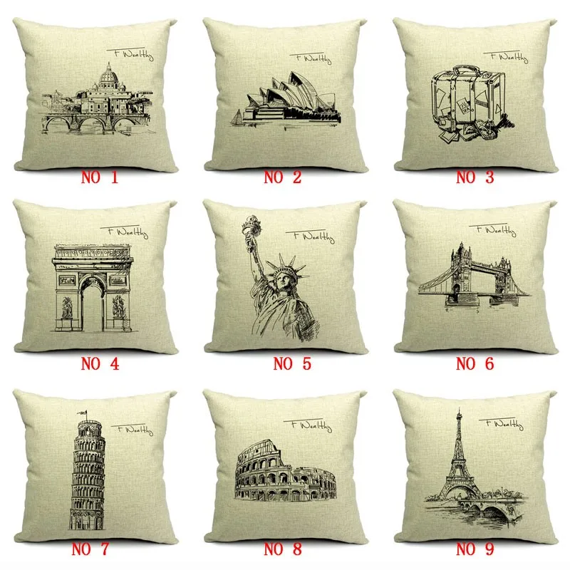 

Modern Simple Cushion Cover World Famous Building Pattern Cotton Linen Pillowcase Waist Throw Pillow Cover 18x18 inches
