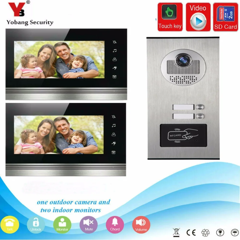 

YobangSecurity 7 inch Wired Video Door Phone Doorbell Chimes System RFID Keyfob With SD Card Recording function for 2 Apartment