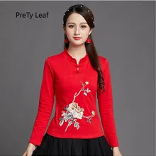 Осенняя и зимняя женская футболка с длинными рукавами и вышивкой в китайском стиле