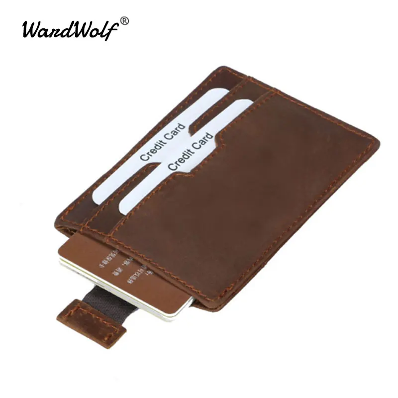 

WardWolf Men Card ID Holder Cow Leather Vintage Wallets Crazy Horse RFID Blocking Pickup Package Bus Card Holder Case