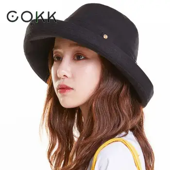 

COKK 2020 New Summer Bucket Hat Women Wide Brim With Button Flat Top Casual Fishing Hat Mens Panama Bucket Hats Cotton Sunhat