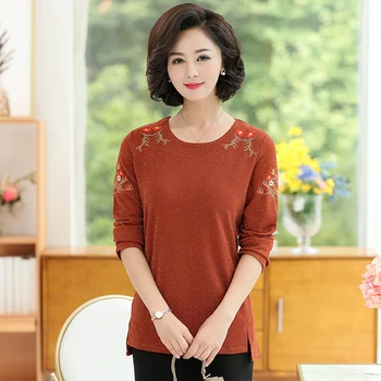 

Floral Embroidery O-neck Top Long Sleeves T-shirt For Women Loose Pullover 2020 Autumn Spring New Casual Mother Bottoming Shirt