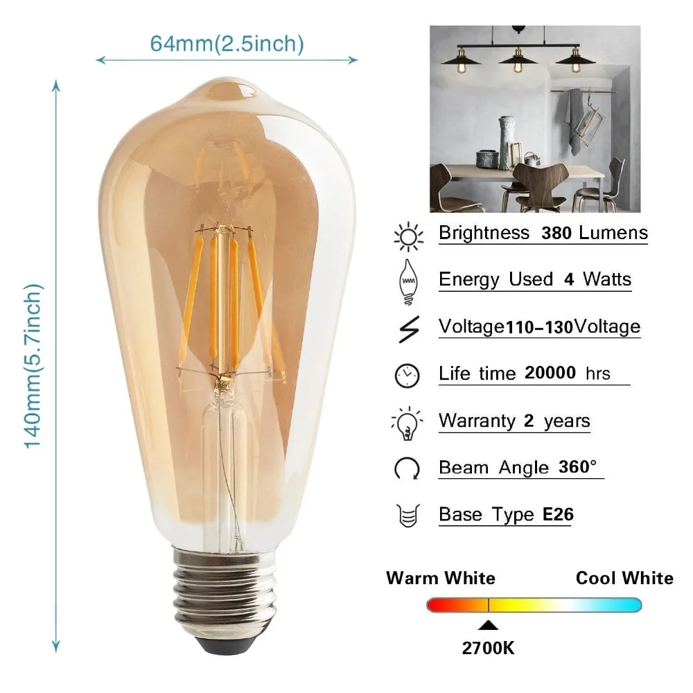 IWHD St64 Светодиодная лампа Эдисона E27 220V 4W промышленный Декор ампулы винтажная Ретро лампа ампул Bombilla Edison лампа