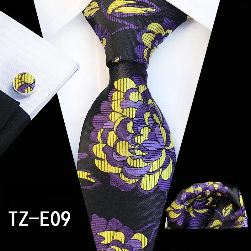 Мужские галстуки, набор,, жаккардовые шелковые галстуки, карманные Квадратные запонки, модные цветочные полосатые пледы, галстуки для мужчин, 8 см, Corbatas, черные - Цвет: TZ-E09