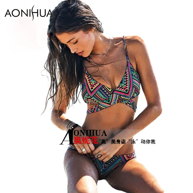 Aonihua Холтер бразильский комплект бикини Для женщин пикантные крест Push Up Пляж