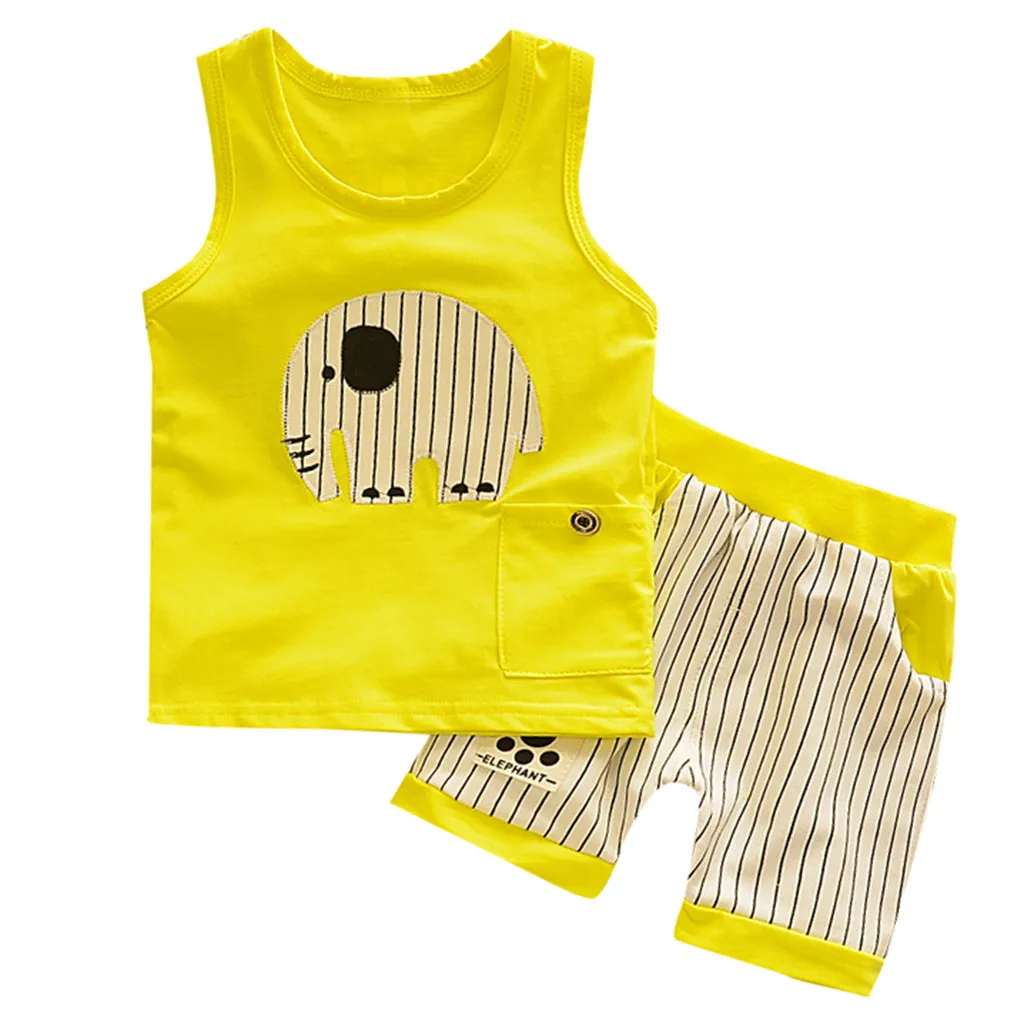 Популярные летние комплекты одежды для мальчиков детская одежда жилет без рукавов С Рисунком Слона+ штаны в полоску комплект хлопковой одежды для маленьких мальчиков - Цвет: Yellow