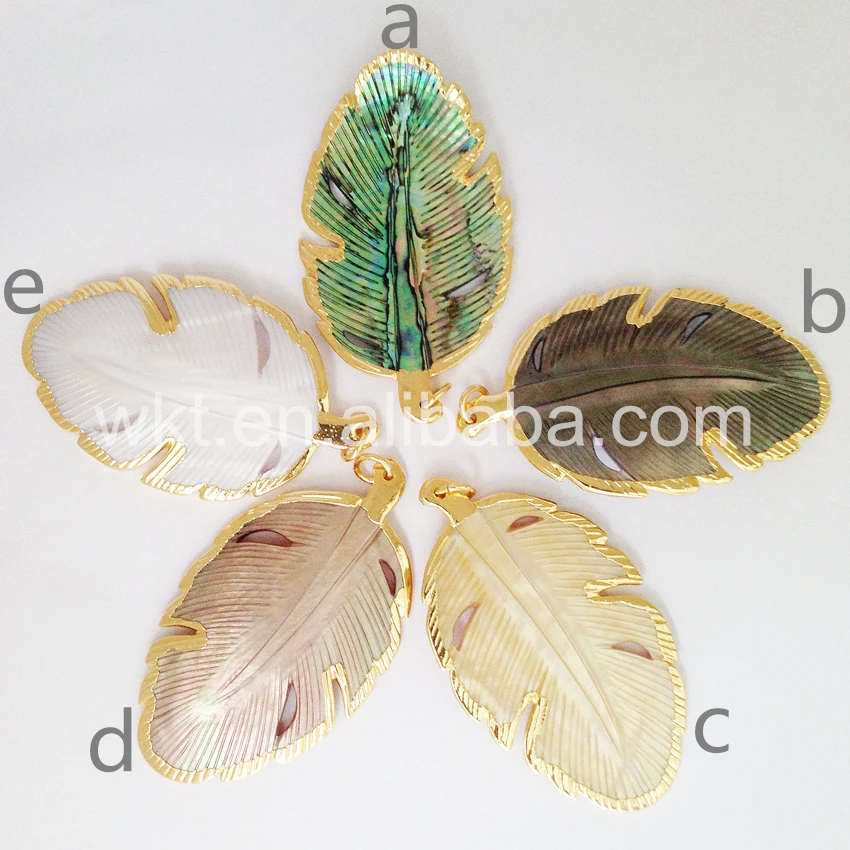 

WT-P817 Romantic feather charm design abalone shell pendant for necklace ,top quality 24k gold electroplated shell for women