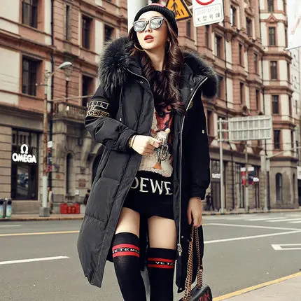 Новинка, черный женский зимний длинный пуховик с натуральным большим меховым воротником, женское теплое пуховое пальто с капюшоном, парка ST543 - Цвет: Black