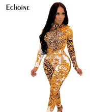 2019 New women sexy skinny jumpsuit stand neck gold floral vintage printed open back Club bodysuit long sleeve rompers outfit