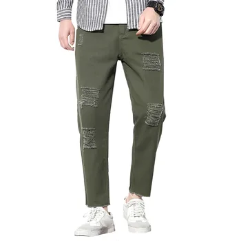 

Hole jeans 2019 men jeans designer army green biker jeans straight stretch denim skinny jeans male trousers plus size M-5XL