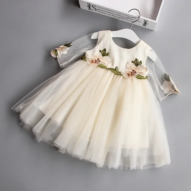 Новое модное блестящее платье с цветами на день рождения свадьбу стиль маленькой принцессы одежда для маленьких девочек платья из лайкры для детей - Цвет: Бежевый