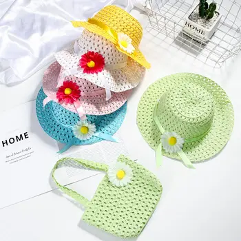 

1Pc Straw Hat Cap Hot Selling Summer Sun Hat Girls Kids Beach Hats Bag Flower Tote Handbag Bags Suit Tote Flower Straw Cap