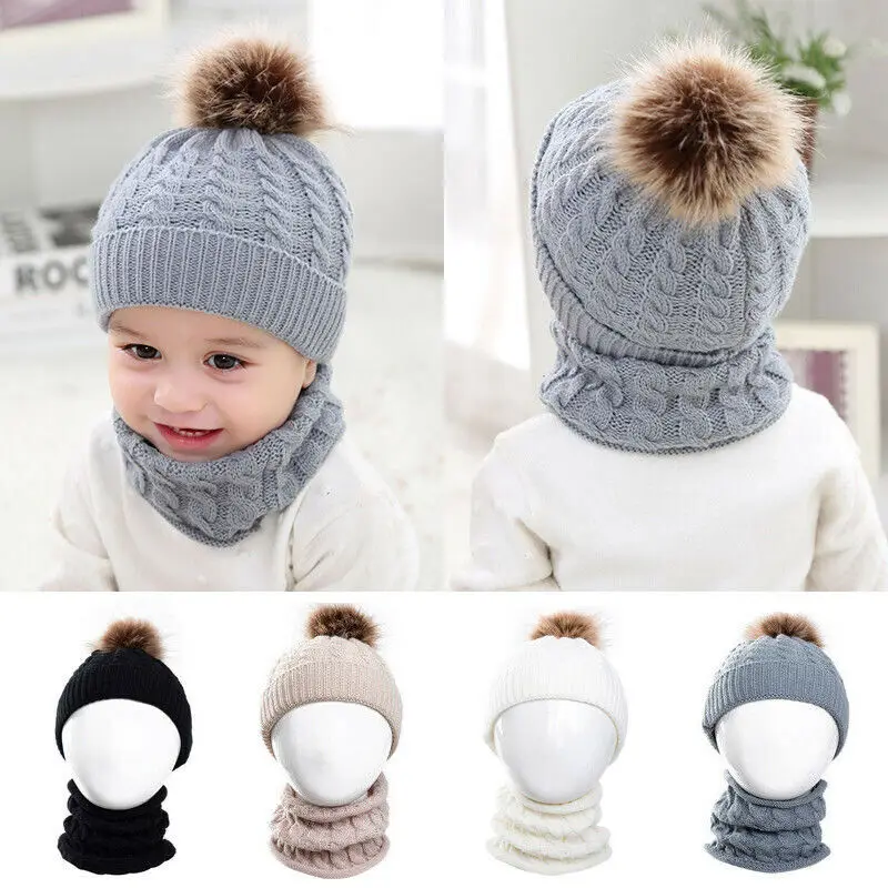 

2pcs/set Winter Baby Hats Fashion Newborn Baby Hats Knitted Warm Pom Round Machine Cap Protects Ear Bonnet Warm Caps+Scarf Suits