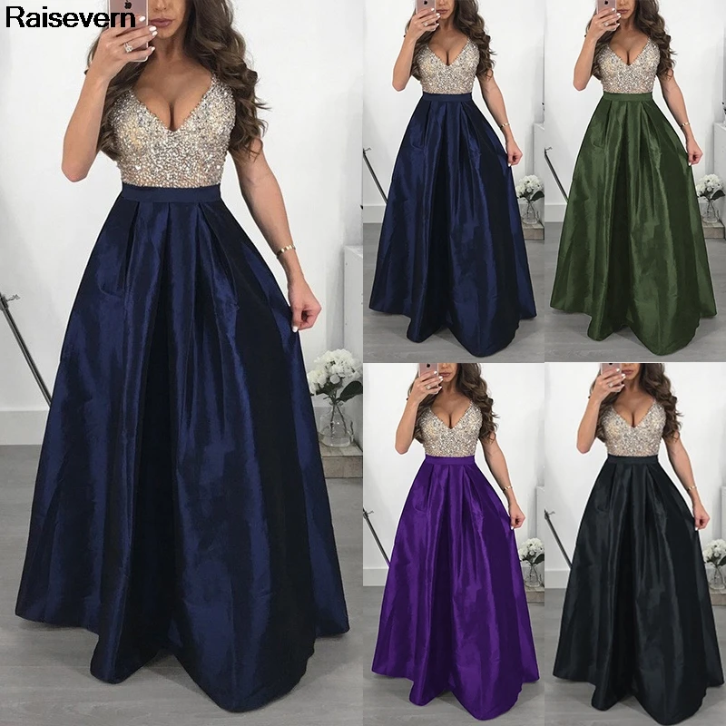 Vestidos de Fiesta de noche para mujer 2018 sin mangas cuello en Beadings una línea largo Maxi vestido de fiesta señora negro vestido de graduación Femme|Vestidos| - AliExpress