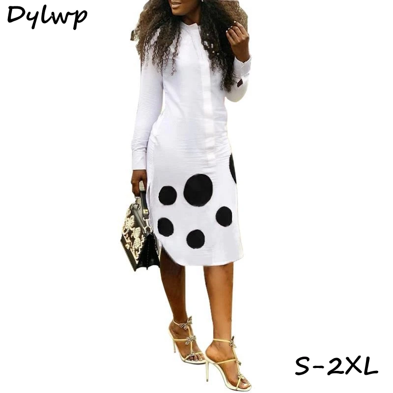 

Women Polka Dot Printed Shirt Dress 2019 Summer Spring Casual Office Work Dress Elegant Lady Long Sleeve Bodycon Midi Dresses