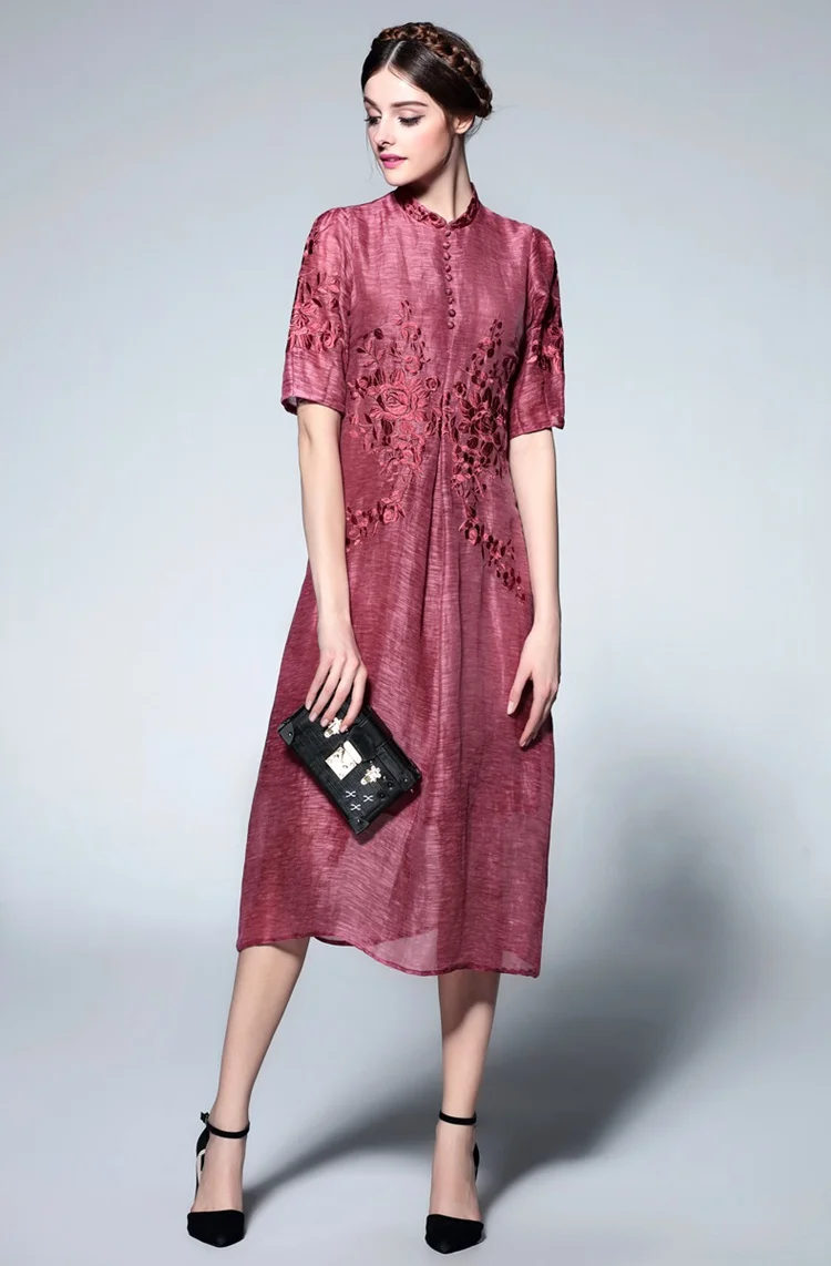 Grey Vintage Embroidery Stand Collar Shift Dress (8)