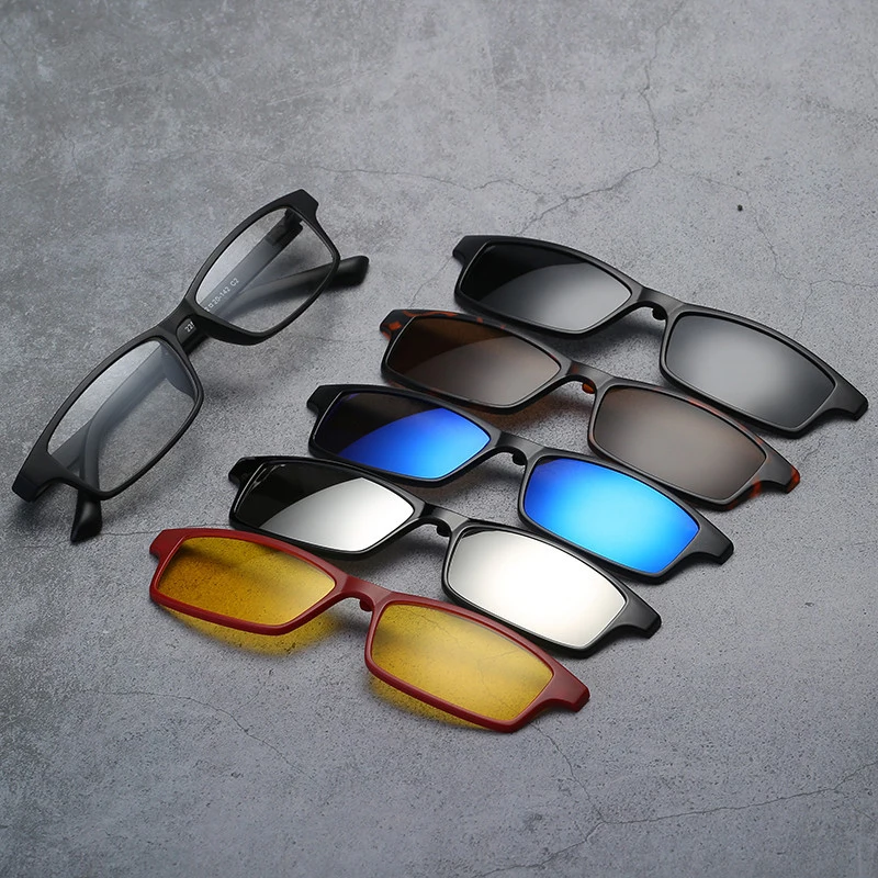 

5 in 1 Clip On Sunglasses with Polarized Mirror Flat Night Vision Magnetic Lens Clips Optical Myopia Glasses Prescription Lens