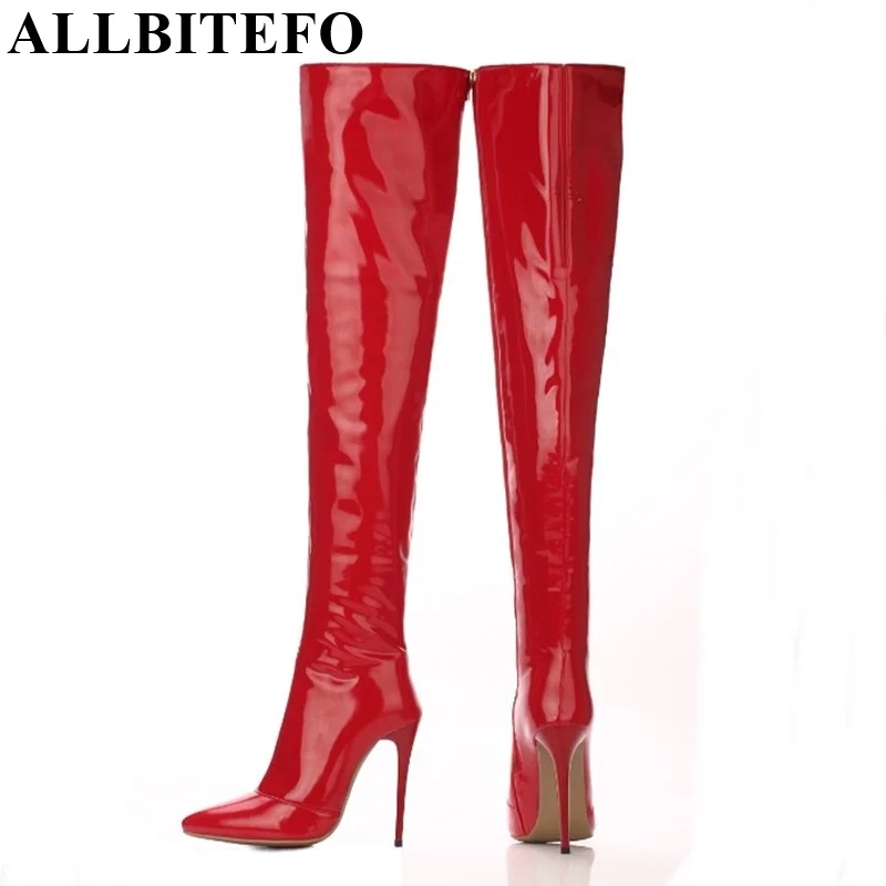 ALLBITEFO size33 43 genuine leather+pu pointed toe Elastic boots tube