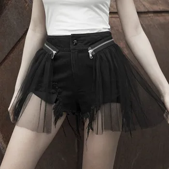 

Punk Lace Zipper Split Joint Denim Shorts 2019 Fashion High Waist Summer Women Casual Sexy Shorts