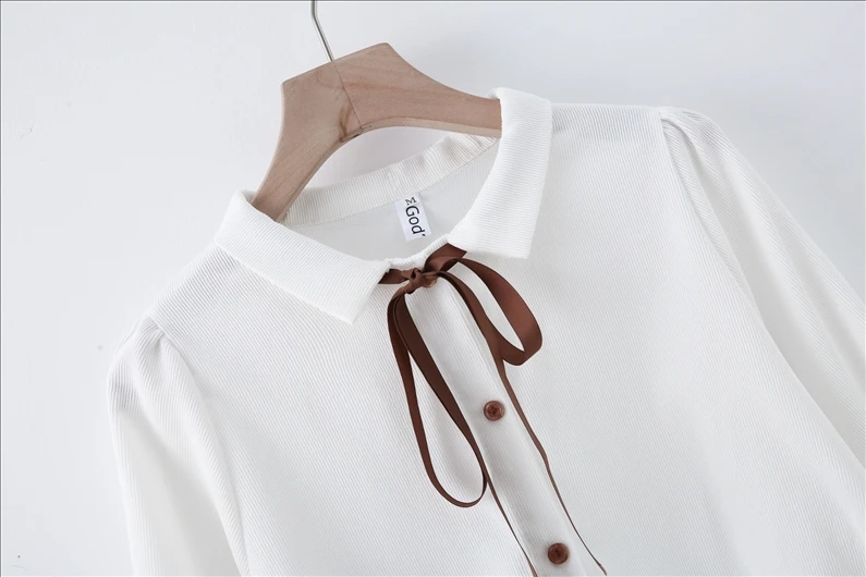 Autumn Long Sleeve Women Shirt Preppy Style Bow Woman Shirt Corduroy Plus Thick Solid Color Women Blouses Turn-Down Collar Top (2)
