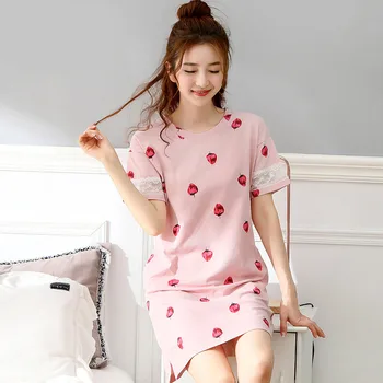 

[Lakysilk] 100%Cotton Cartoon Print Night Dress Women Short Sleeve O-Neck Ruffles Nightgowns Ladies Girls Summer Sleepwear